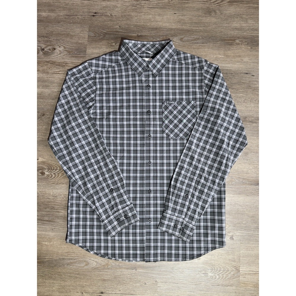 Columbia Mens Medium Gray Plaid Button Front Long Sleeve Shirt Outdoor Hiking